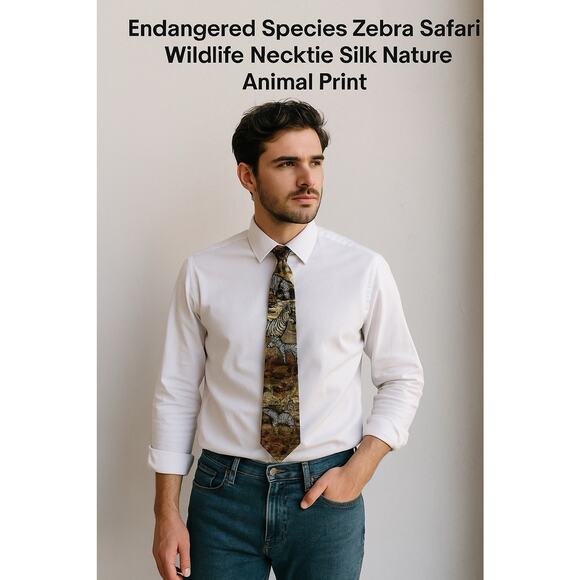 Endangered Species Zebra Safari Wildlife Necktie Silk Nature Animal Print - Picture 1 of 6